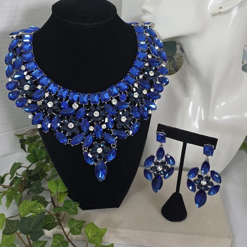 Statement Silver with Blue Crystal Stones Necklace and Matching Earrings Set